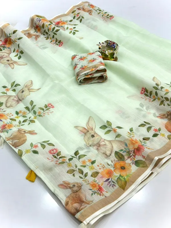Mint_Green_Linen_Floral_Print_Saree_With_Blouse_For_Women