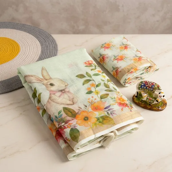 Mint_Green_Linen_Floral_Print_Saree_With_Blouse_For_Women