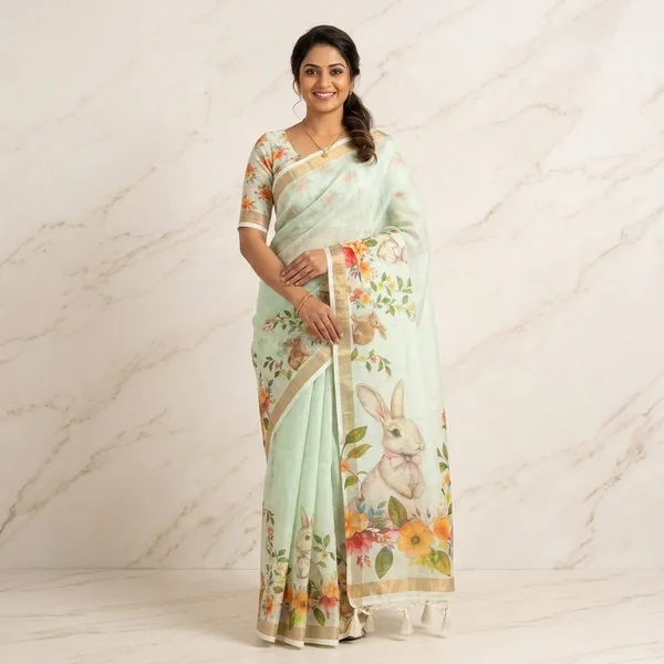 Mint_Green_Linen_Floral_Print_Saree_With_Blouse_For_Women