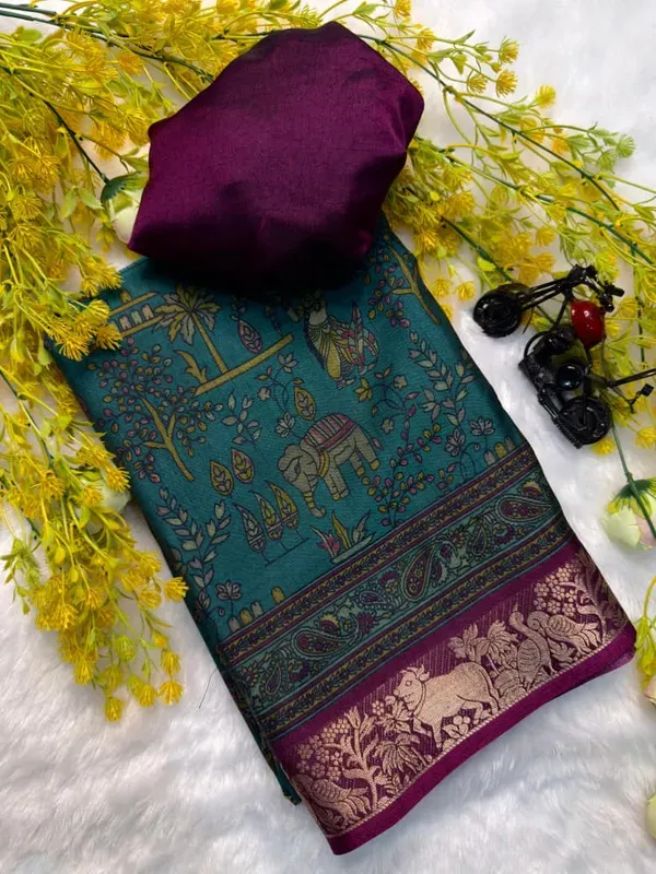 Rama_Dola_Kalamkari_Printed_Saree_With_Maroon_Zari_Border_lace_With_Blouse_Piece