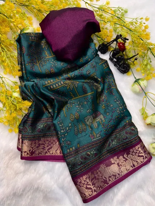 Rama_Dola_Kalamkari_Printed_Saree_With_Maroon_Zari_Border_lace_With_Blouse_Piece