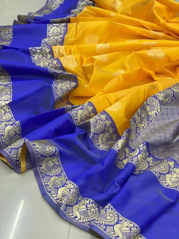 Yellow_Blue_Soft_Silk_Saree_With_Unstitched_Blouse_For_Women
