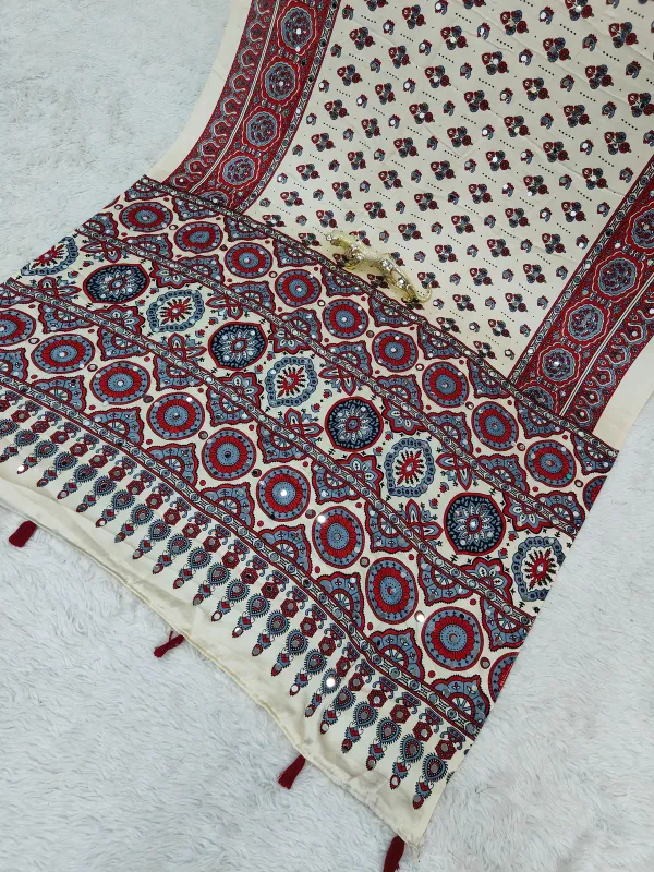 TRANDING_CREAM_AJARAKH_MODAL_SILK_MIRROR_WORK_PREMIUM_SAREE_FOR_WOMEN