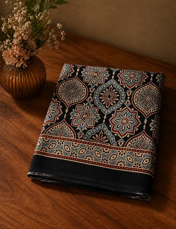 The_Vulture_Black_Ajarakh_Modal_Silk_Saree_With_Blouse_piece_