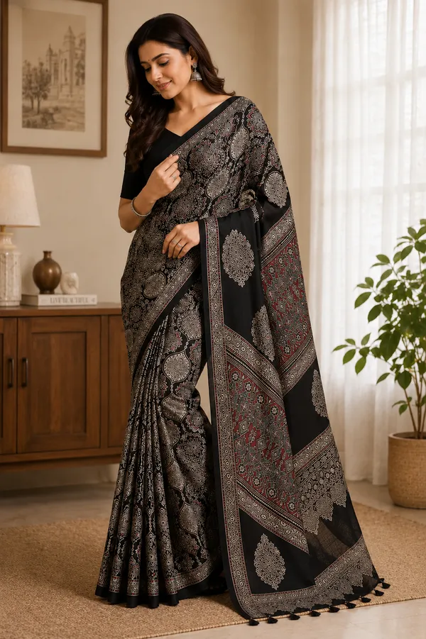 The_Vulture_Black_Ajarakh_Modal_Silk_Saree_With_Blouse_piece_