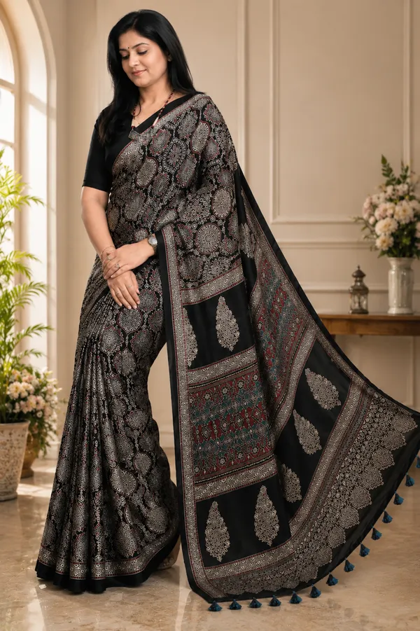 The_Vulture_Black_Ajarakh_Modal_Silk_Saree_With_Blouse_piece_
