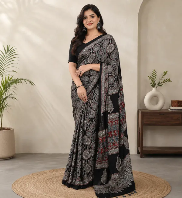 The_Vulture_Black_Ajarakh_Modal_Silk_Saree_With_Blouse_piece_