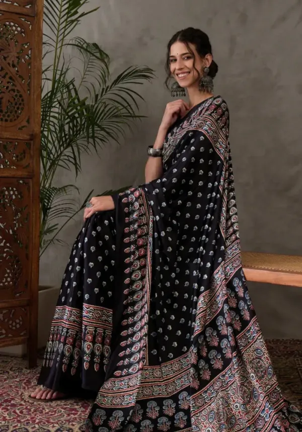 The_Vulture_Black_Ajarakh_Printed_Soft_Gaji_Silk_Natural_Print_Saree_For_Women