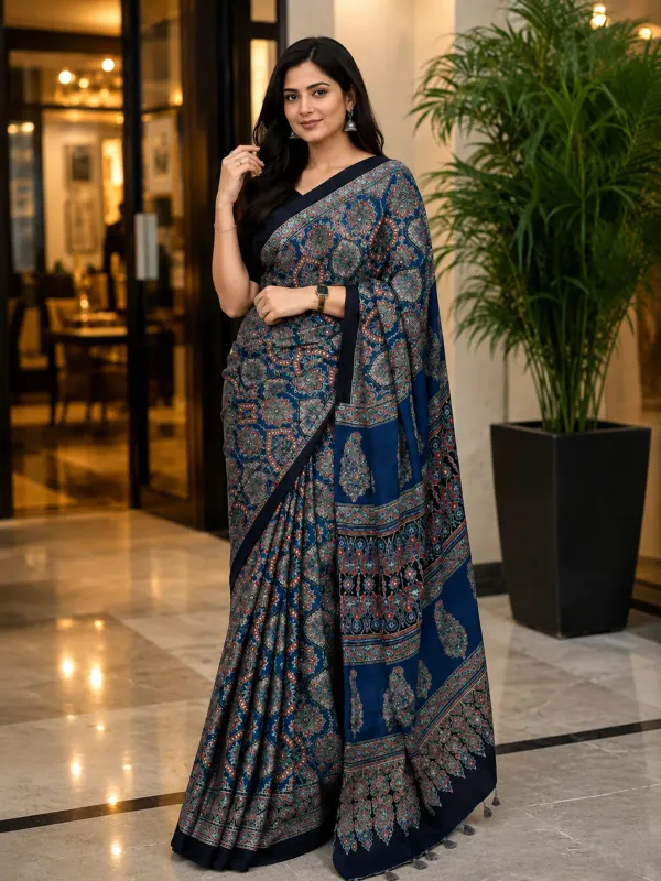 The_Vulture_Blue_Ajarakh_Gaji_Modal_Silk_Saree_With_Blouse_piece_