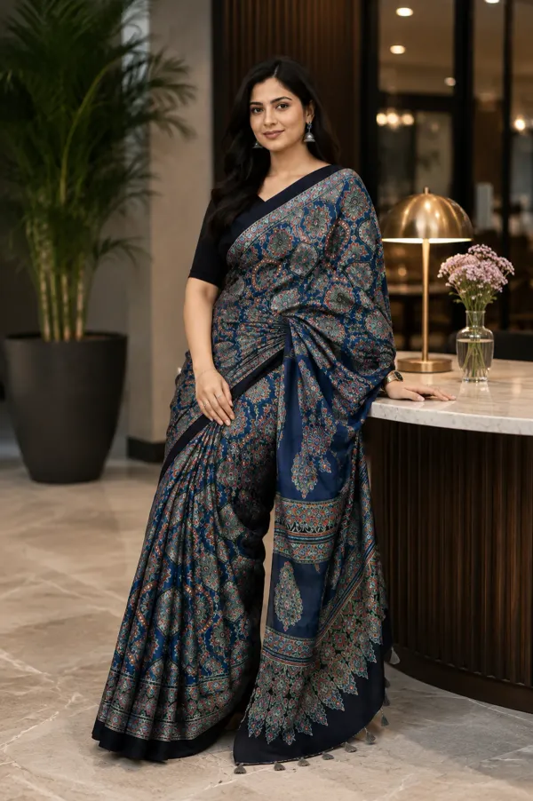The_Vulture_Blue_Ajarakh_Gaji_Modal_Silk_Saree_With_Blouse_piece_
