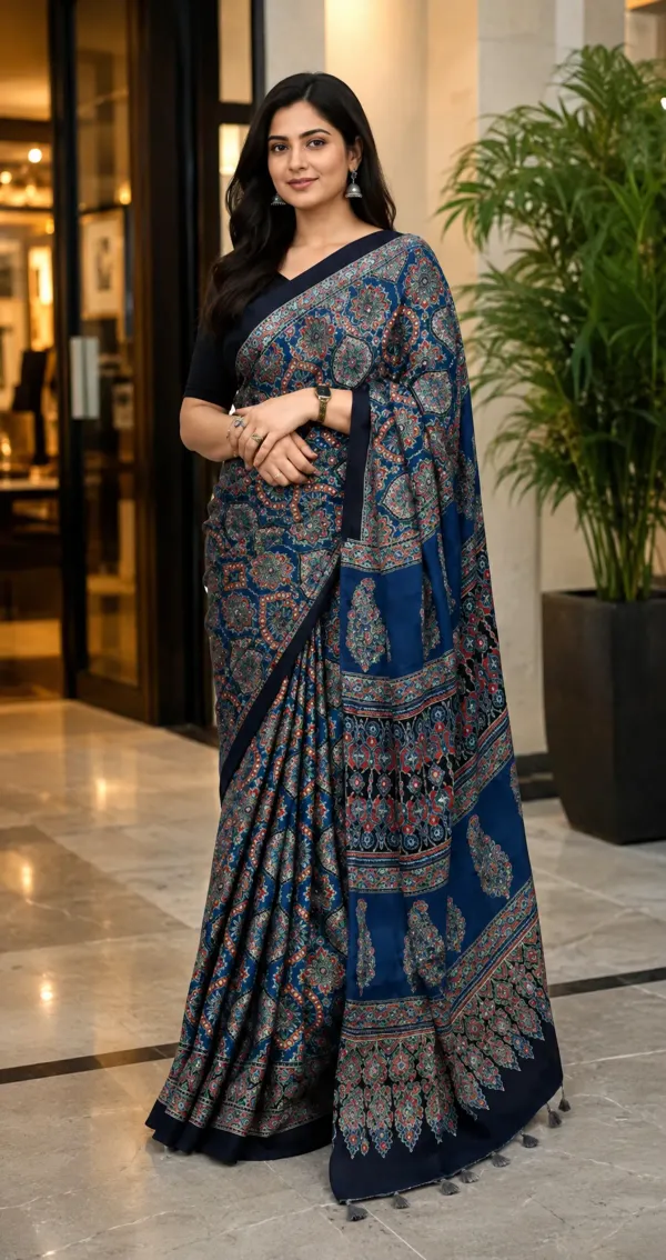 The_Vulture_Blue_Ajarakh_Gaji_Modal_Silk_Saree_With_Blouse_piece_