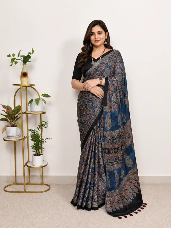 The_Vulture_Blue_Ajarakh_Gaji_Modal_Silk_Saree_With_Blouse_piece_