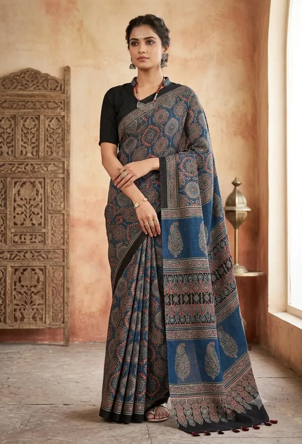 The_Vulture_Blue_Ajarakh_Gaji_Modal_Silk_Saree_With_Blouse_piece_
