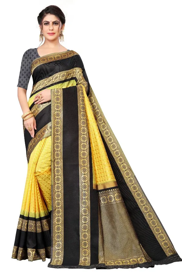 Yellow_Black_Soft_Silk_Saree_With_Unstitched_Blouse_For_Women