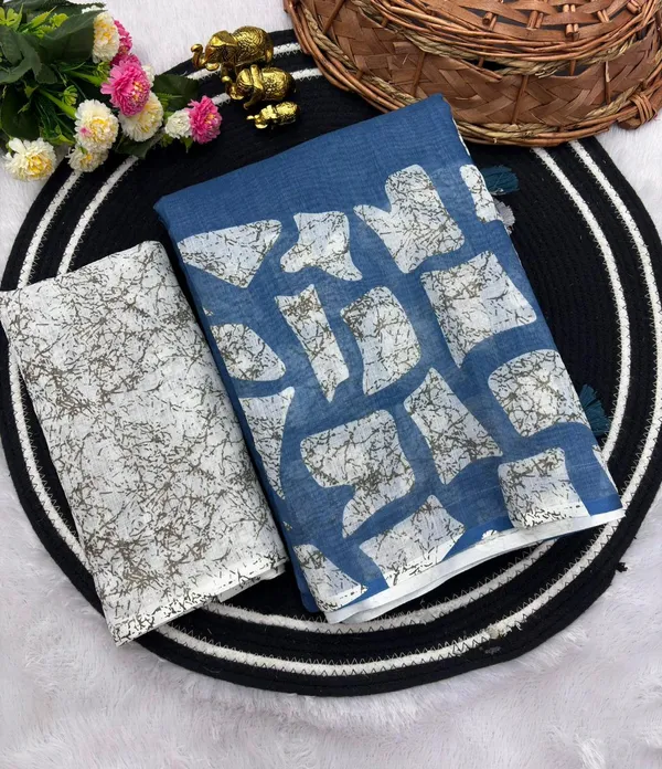 Blue_Linen_Batik_Print_Saree_With_Unstitched_Blouse_For_Women