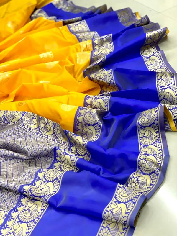 Yellow_Blue_Soft_Silk_Saree_With_Unstitched_Blouse_For_Women