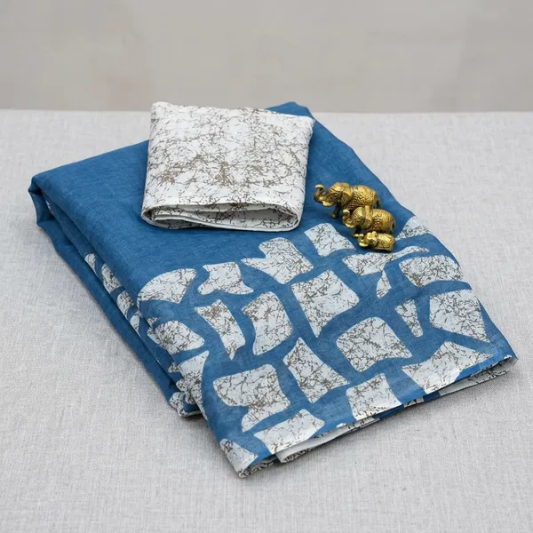 Blue_Linen_Batik_Print_Saree_With_Unstitched_Blouse_For_Women