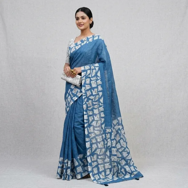 Blue_Linen_Batik_Print_Saree_With_Unstitched_Blouse_For_Women