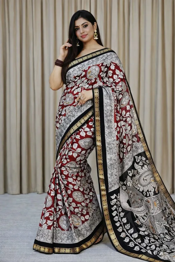 New_Pure_Red_Mangalkari_Silk_Print_And_Weaving_Work_Fancy_Designer_Festive_Wear_Saree_With_Blouse_Piece_For_Women_