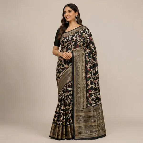 Black_Dolla_Silk_Floral_Printed_Saree_With_Unstitched_Blouse_For_Women