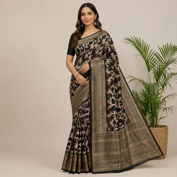 Black_Dolla_Silk_Floral_Printed_Saree_With_Unstitched_Blouse_For_Women
