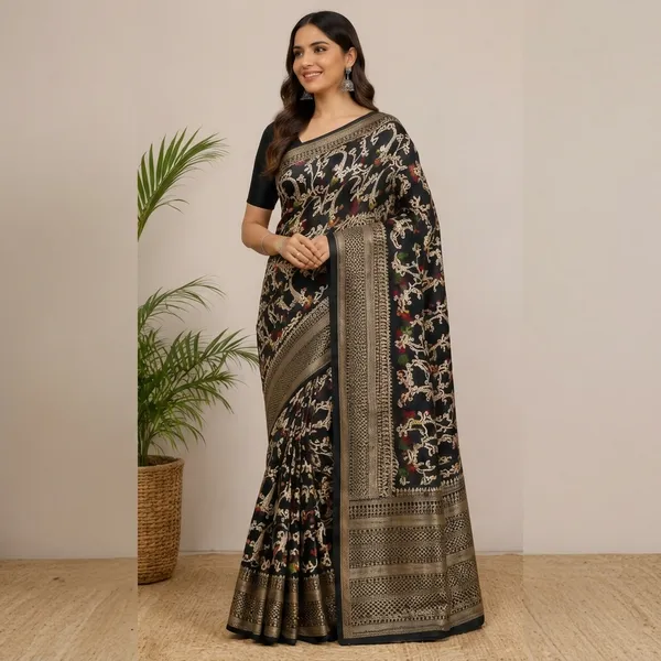 Black_Dolla_Silk_Floral_Printed_Saree_With_Unstitched_Blouse_For_Women