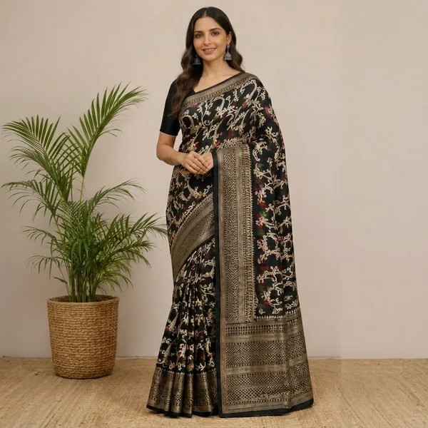 Black_Dolla_Silk_Floral_Printed_Saree_With_Unstitched_Blouse_For_Women