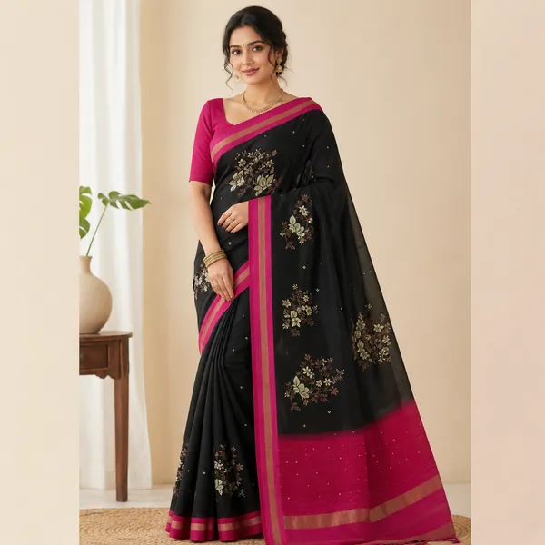 Black_&_Red_Marshmallow_Floral_Embroidered_Saree_With_Blouse_For_Women