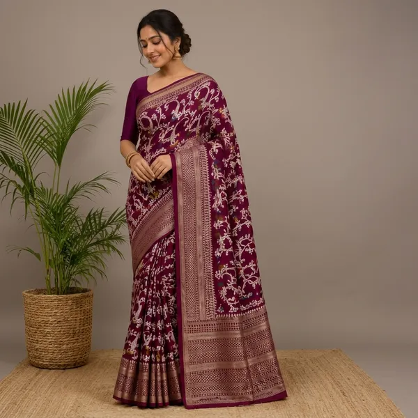 Maroon_Dolla_Silk_Printed_Saree_With_Unstitched_Blouse_For_Women