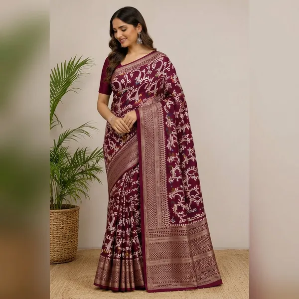 Maroon_Dolla_Silk_Printed_Saree_With_Unstitched_Blouse_For_Women