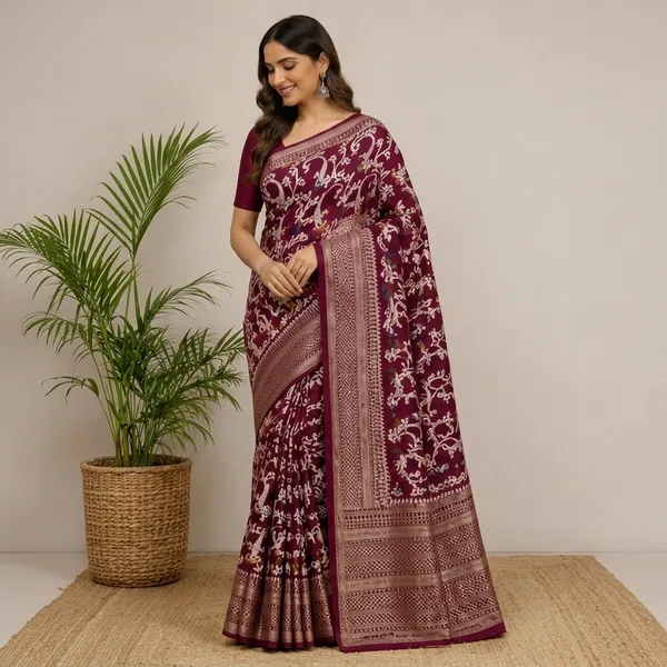 Maroon_Dolla_Silk_Printed_Saree_With_Unstitched_Blouse_For_Women