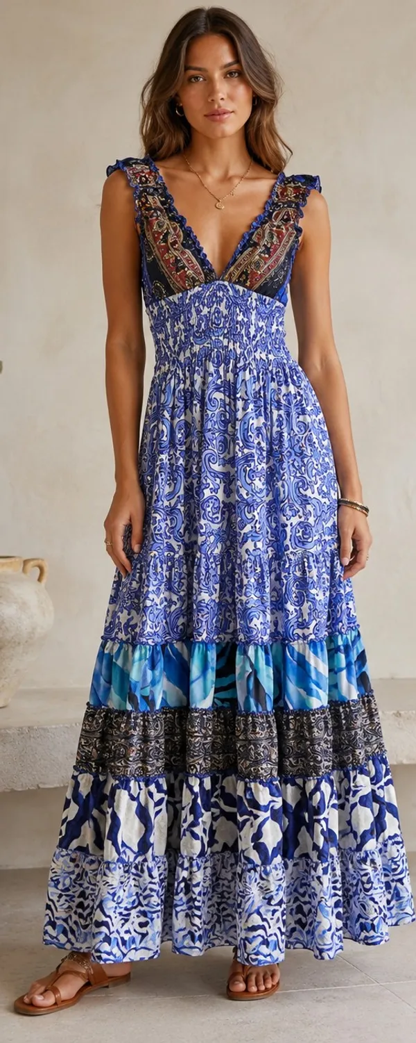 Blue_Multi-Print_Smocked_Maxi_Dress_For_Women