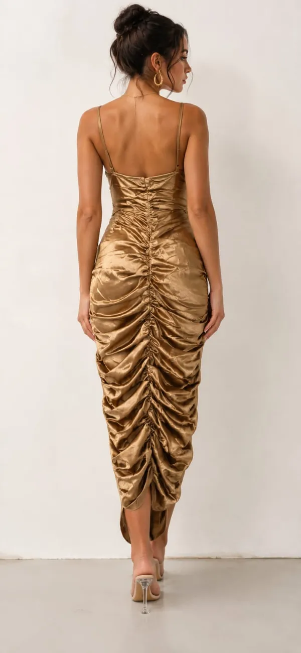 Champagne_Satin_Ruched_Bodycon_Dress_For_Women