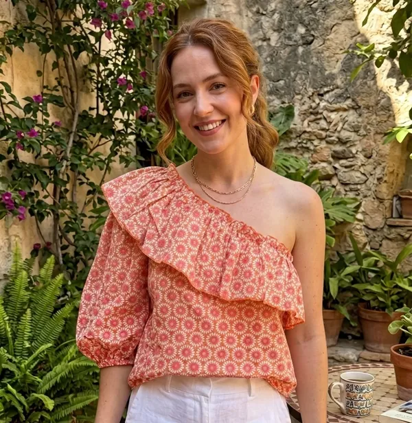 Orange_Floral_Print_Ruffle_Sleeve_Top_For_Women