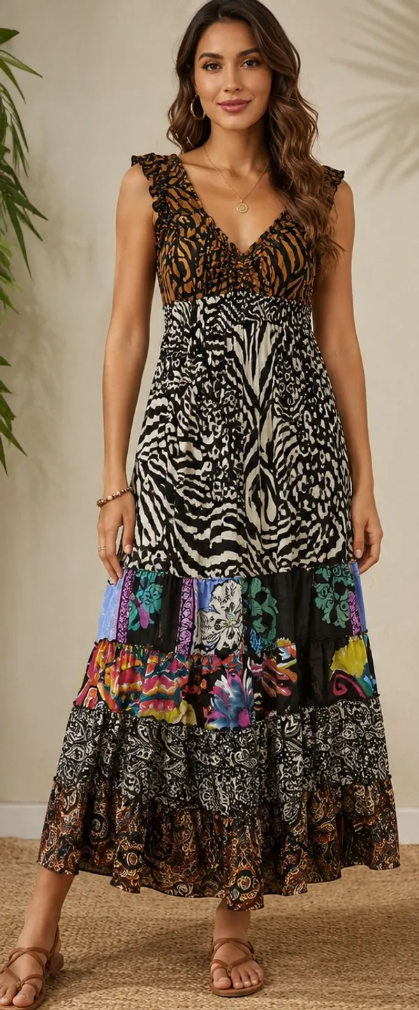 Multicolor_Animal_Print_Lace_Trim_Maxi_Dress_For_Women