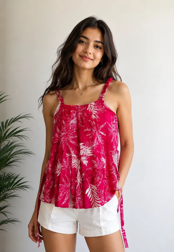Red_Tropical_Palm_Print_Padded_Top_For_Women