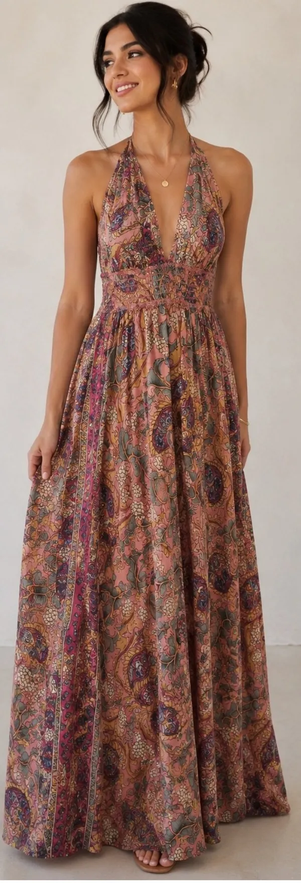 Peach_Multi_Paisley_Print_Halter_Neck_Maxi_Dress_For_Women