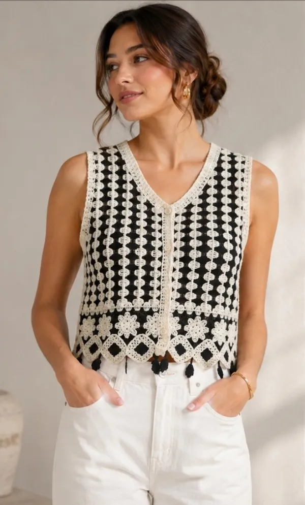 Black_And_White_Crochet_Lace_Sleeveless_Top_For_Women