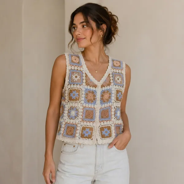 Cream_Crochet_Granny_Square_Sleeveless_Vest_For_Women