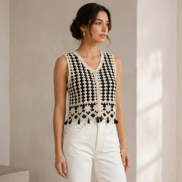 Black_And_White_Crochet_Lace_Sleeveless_Top_For_Women