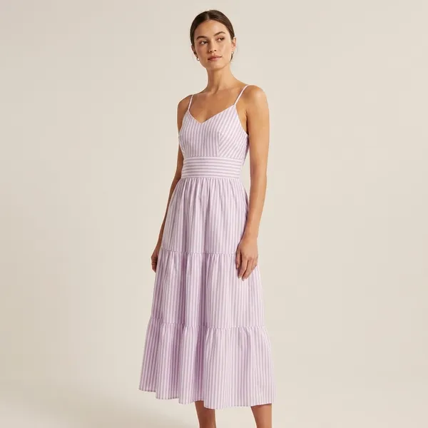 Purple_White_Striped_Cotton_Tiered_Midi_Padded_Dress_For_Women