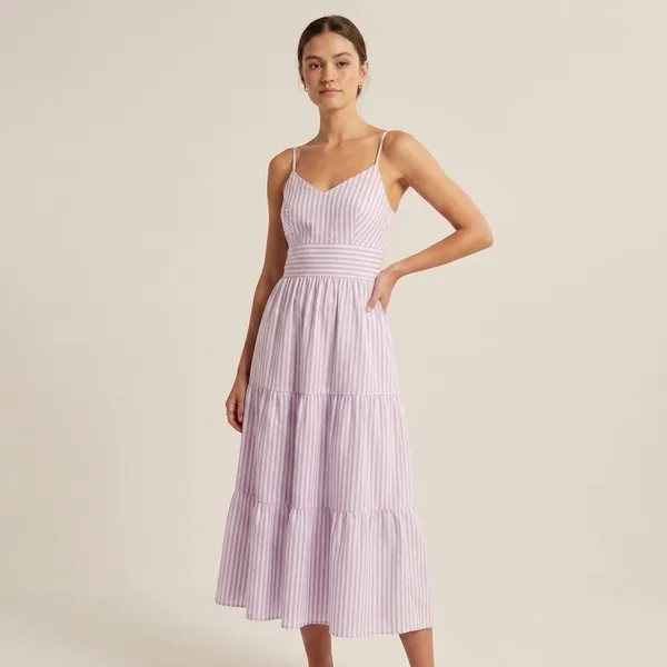 Purple_White_Striped_Cotton_Tiered_Midi_Padded_Dress_For_Women