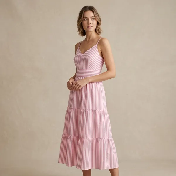 Pink_White_Striped_Cotton_Tiered_Midi_Padded_Dress_For_Women