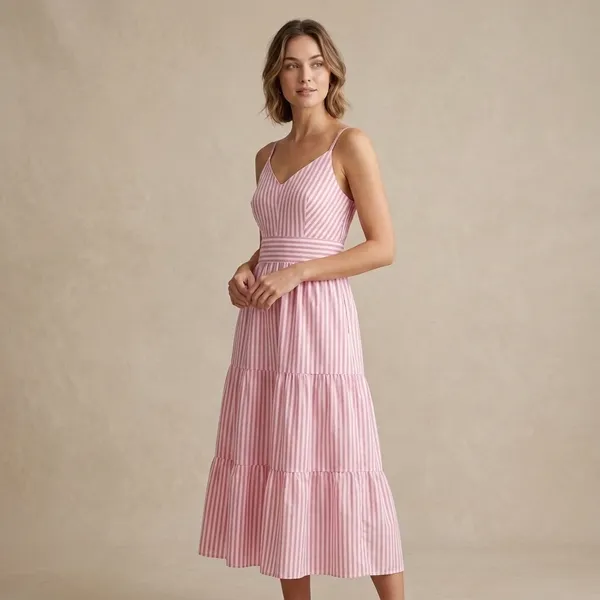 Pink_White_Striped_Cotton_Tiered_Midi_Padded_Dress_For_Women