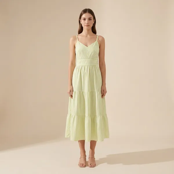 Green_White_Striped_Cotton_Tiered_Midi_Padded_Dress_For_Women