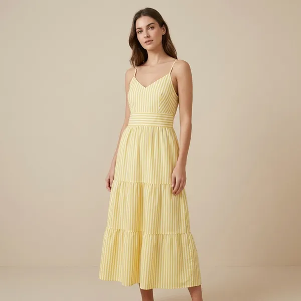 Yellow_White_Striped_Cotton_Tiered_Midi_Padded_Dress_For_Women