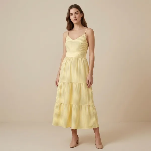 Yellow_White_Striped_Cotton_Tiered_Midi_Padded_Dress_For_Women