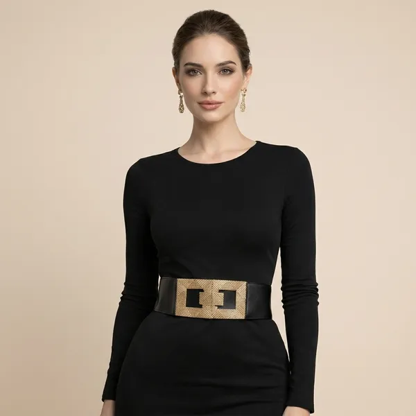 Black_Elastic_Belt_With_Gold_Double_Rectangle_Buckle_For_Women