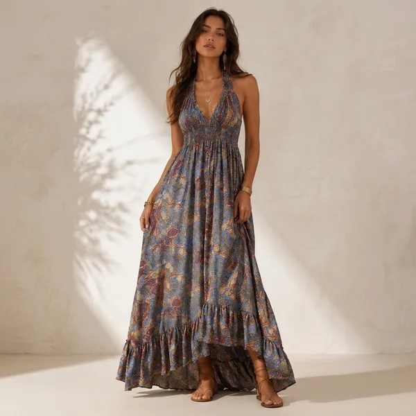 Multicolor_Paisley_Print_Halter_Neck_Maxi_Dress_For_Women