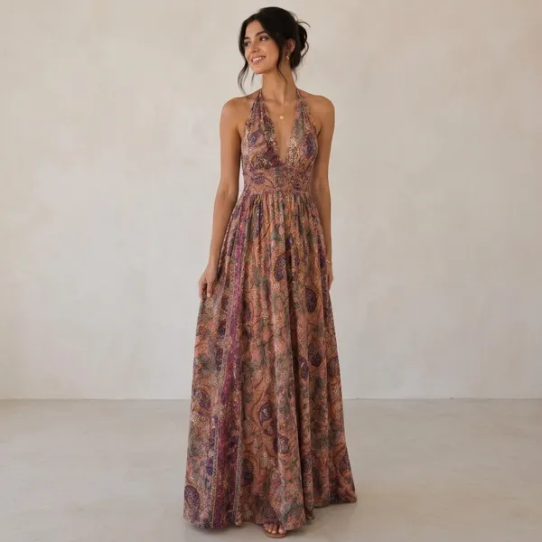 Peach_Multi_Paisley_Print_Halter_Neck_Maxi_Dress_For_Women